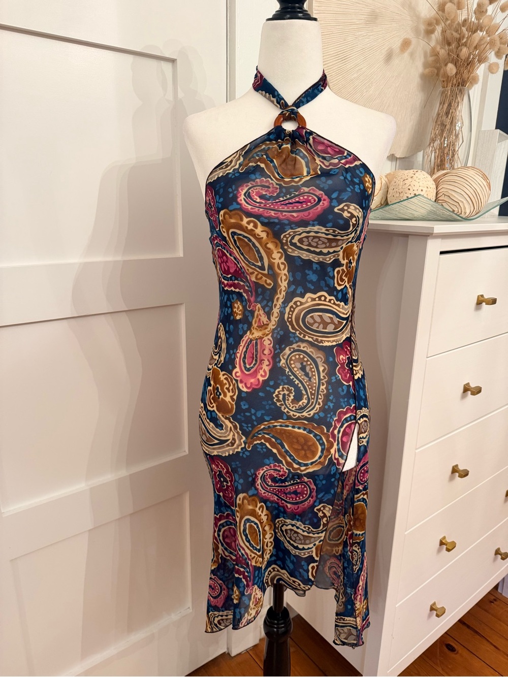 Paisley Halter Swim Coverup in Navy, Pink & Gold